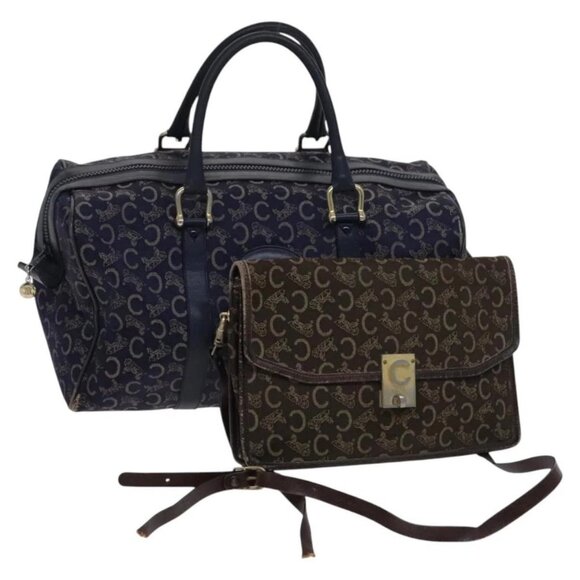 CELINE C Sulky Boston Shoulder Bag Canvas 2Set Brown Navy - Picture 1 of 16